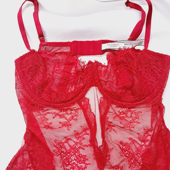 VICTORIA'S SECRET RED Lace SEXY WICKED BALCONETTE TEDDY SZ L Dream Angels - Picture 5 of 11